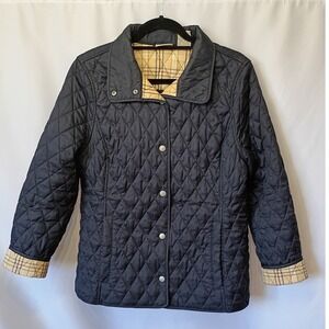 LL Bean Womens Quilted Barn Jacket Black‎ Plaid Lined Snap Front S PETITE
